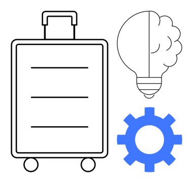Minimalist bavul, bölünmüş ampul ve teçhizat seyahat, yenilik, yaratıcılık, problem çözme, lojistik, teknoloji ekip çalışması ve süreç geliştirmeyi temsil ediyor. Basit düz metafor için ideal