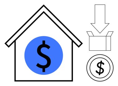 Üzerinde mavi dolar işareti olan ev taslağı, bir kutuyu işaret eden aşağı doğru ok ve bir dolar para. Finans, yatırım, tasarruf, ekonomik planlama, konut kredisi için ideal. Basit düz