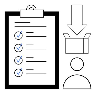 Mavi işaretli siyah pano kontrol listesi, aşağı doğru oklu kutuyu aç ve kullanıcı simgesi. Görev yönetimi, organizasyon, nakliyat, dağıtım, lojistik, üretkenlik süreci için ideal akış basit