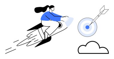 Bir roketin üzerinde uçan kadın bir okla hedefe nişan alıyor, hırsı, odaklanmayı ve ilerlemeyi temsil ediyor. İş stratejisi, yenilik, hedef belirleme, başarı, motivasyon liderliği için ideal