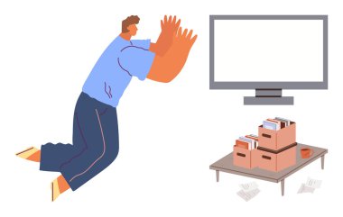 Üzgün bir adam boş ekranda diz çöküp el kol hareketi yapıyor. Elinde dosya kutuları, dağınık kağıtlar var. Hayal kırıklığı, kopukluk, odaklanma, organizasyon, zorluklar, dijital sorunlar, basit daire