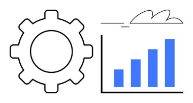 Dişli ve artan bar grafiği bulut aksanıyla gelişimi, verimliliği, analitiği ve verimliliği sembolize eder. Ticari büyüme, strateji, mühendislik, veri takibi ve finansman planlaması için ideal