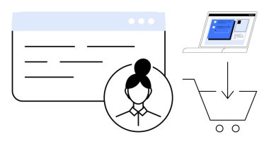 Kullanıcı profili simgesi, web arayüzü, çevrimiçi formda dizüstü bilgisayar ve e-ticaret akışını yakalayan alışveriş arabası. Çevrimiçi alışveriş, müşteri profilleri, UX tasarımı, dijital pazarlama, e-ticaret perakende satış için ideal