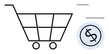 Alışveriş arabası, ticareti, finansmanı ve online alışverişi vurgulayan bir dolar ile eşleştirildi. E-ticaret, satış, perakende, ekonomi, bütçe planlama, tüketim ticareti için idealdir. Basit bir daire.
