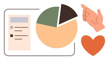Turta tablosu, kontrol listesi ve el hareketinin altını çizmek, analiz ve planlama. Kalp ilgiyi sembolize eder. İş stratejisi, takım çalışması, planlama, analiz, bakım liderliği için ideal basit düz metafor