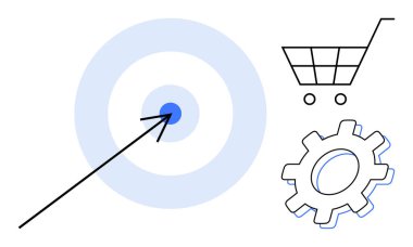 Ok atan hedef, alışveriş arabası ve vites vurgulama hedefleri, e-ticaret, verimlilik. Odaklanma, pazarlama stratejisi, optimizasyon, iş planlaması perakende satış için ideal basit düz takım çalışması