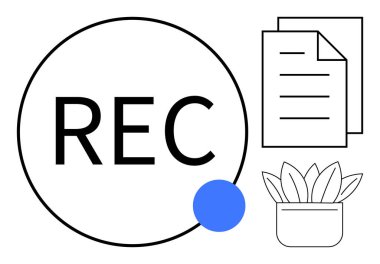 Dairesel kayıt göstergesi metni, kağıt yığını ve saksı bitkisi. Üretkenlik, organizasyon, uzak çalışma, içerik oluşturma, kayıt tutma yaratıcılığı için idealdir. Asgari ve basit