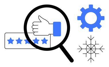 Yıldız derecelendirme, vites ve kar tanecikleri yanında büyüteç parmakla işaretleniyor. Müşteri geribildirim, değerlendirme, başarı, analiz, kalite yeniliği ve süreç için idealdir. Basit düz