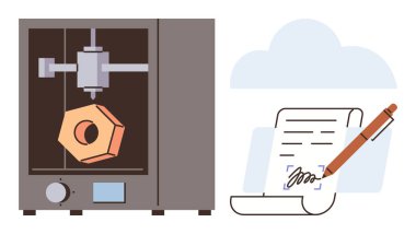 Bir belgenin dijital imzalanmasının yanında, yenilik, teknoloji ve yaratıcılığı vurgulayan altıgen nesne üreten 3D yazıcı. Teknoloji, tasarım, otomasyon, dijital iş akışı ve yenilik için ideal