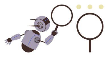 Robot elinde büyüteç tutuyor detayları inceliyor, araştırmayı, keşfi, problem çözmeyi, teknolojiyi, yapay zekayı, yeniliği sembolize ediyor. Teknoloji konseptleri ve yapay zeka görselleri için ideal.