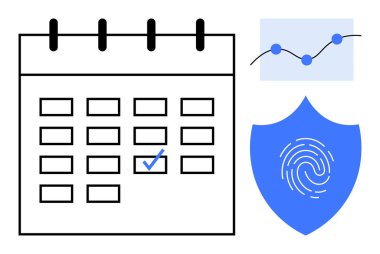İşaretli randevulu takvim, yukarı doğru eğilimli grafik ve parmak izli kalkan. Planlama, güvenlik, analitik, veri yönetimi, gizlilik organizasyonu için ideal. Basit düz