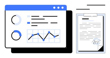 Çizelgeler, grafikler ve analitik, performans ve anlaşmaları vurgulayan imzalı sözleşme içeren veri paneli. İş, finans, raporlama, takım çalışması anlaşmaları için ideal sunumlar basit düz