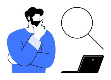 Geniş büyüteç ve dizüstü bilgisayarın yanında düşünceli bir figür. Araştırma, beyin fırtınası, analiz, araştırma, merak, problem çözme, karar verme için ideal. Basit düz metafor