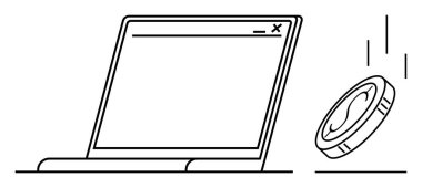 İnternet tarayıcılı dizüstü bilgisayar ekranı ve düşen bozuk para çevrimiçi geliri, dijital ödemeleri veya gelir neslini simgeliyor. Çevrimiçi bankacılık, e-ticaret, serbest ticaret, fintech, kripto para birimi için ideal