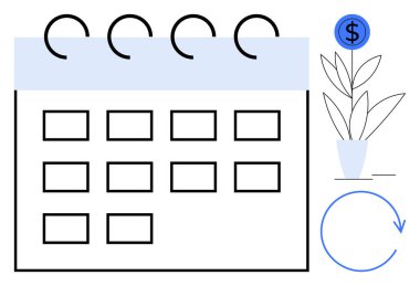 Tekrarlayan oklarla dolu bir takvim dolar işaretli bir saksı finansal büyümeyi, planlamayı ve yenilenmeyi sembolize ediyor. Zamanlama, finansman, yatırım, verimlilik planlama için ideal