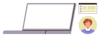 Boş ekran, web arayüzü paneli ve kullanıcı avatarıyla bilgisayarı aç. Çevrimiçi öğrenim, telekomünikasyon, profil oluşturma, web tasarımı, dijital çalışma alanı, modern iletişim için ideal