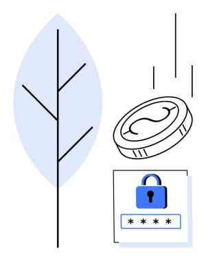 Parola ve soyut ağaç tasarımı, eko-finans, siber güvenlik ve dengeyi görselleştirme ile kilit altına alınan madeni paralar. Sürdürülebilirlik, finans, yenilik, doğa, koruma teknolojisi için ideal