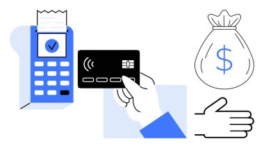 Ödeme terminalinde parmak izi makbuzu, para çantası ikonu ve açık el hareketi olan bağlantısız bir kart. Ödeme, alışveriş, alım-satım, ticaret, tasarruf amaçlı dijital cüzdan için ideal. Basit.