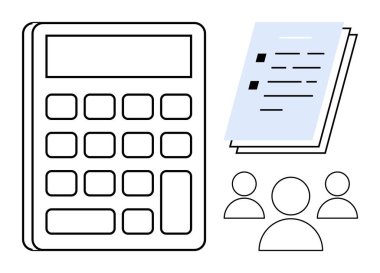 Hesap makinesi, kontrol listeli belgeler ve takım çalışması, karar verme mekanizması, finansal analiz, bütçe, strateji, kaynak tahsisi ve basit düz metaforu gösteren bir grup insan.