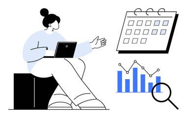 Laptop, takvim, çubuk grafik ve büyüteçle profesyonel analiz verileri. İş planlaması, veri analizi, verimlilik, araştırma stratejisi ve büyüme için ideal. Basit düz