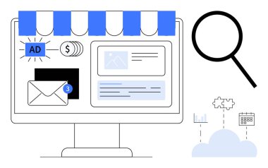 Çizgili bir mağaza önü tentesinin altında e-posta bildirimleri, reklamlar ve analizleri gösteren masaüstü monitörü. Yakınlarda büyüteç, bulut hesaplama ve ayarları ara. İdeal