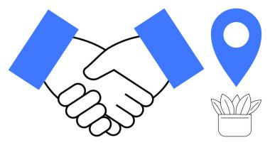 Anlaşma jesti olarak iki el titriyor, mavi işaret, küçük saksı bitkisi. İş, ortaklık, anlaşma, takım çalışması, işbirliği navigasyon çevresel kavramlar için idealdir. Basit düz