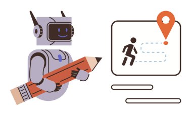 Robot harita arayüzünün yanında iğne, yol ve yürüyen bir figür taşıyan bir kalem taşıyor. Teknoloji, yapay zeka, yaratıcılık, navigasyon, planlama, eğitim için idealdir. Basit düz tasarım.