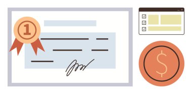 Rozetli ve imzalı sertifika belgesi, kontrol listesi arayüzü ve dolar simgesi. Eğitim, tanınma, finans, başarı, çevrimiçi doğrulama eğitimi ve ticari başarı için ideal. A