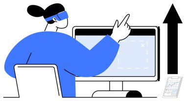 Masadaki kadın araştırma için bilgisayarı kullanıyor, yukarı doğru hareket ediyor, büyümeyi, ilerlemeyi, başarıyı vurguluyor. Analiz, liderlik, strateji planlama yenilik finansmanı için ideal. Basit düz