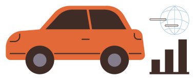 Otomotiv işi, yenilik, ağ oluşturma, büyüme, sürdürülebilirlik, analitik ve gelecekteki ulaşımı sembolize eden portakal renkli kompakt araba. Basit düz metafor