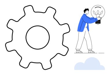 Geniş dişli taslak ve elinde ampul tutan kişi yaratıcılığı, takım çalışmasını ve yeniliği vurgular. Sorun çözme, strateji, fikirler, iş dünyası, işbirliği, teknoloji ve üretkenlik için ideal