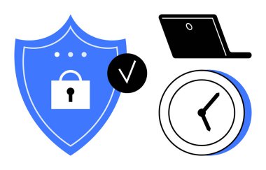 Kilitli bir kalkan, kontrol işareti, dizüstü bilgisayar ve saat veri korumasını temsil ediyor, çevrimiçi güvenlik, zaman yönetimi, verimlilik, dijital güven uyumluluğu modern teknoloji. IT mahremiyeti için ideal