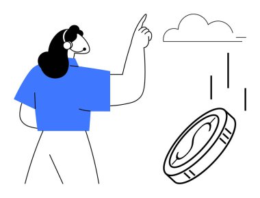 Kadın bir buluta ve düşen bir bozuk paraya doğru hareket eder. Finansal yatırım, bulut hesaplama, yenilik, refah, teknoloji, tasarruf, gelecekteki vizyon için ideal. Basit düz metafor