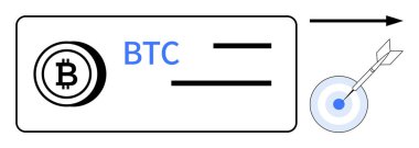 Hesap detaylarının yanında Bitcoin logosu ve hedefi vuran ok. Dijital para birimi, finans yönetimi, hedef başarısı, kesinlik, kripto para birimi, fintech yeniliği, basit düz metafor