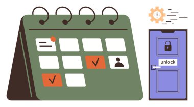 Kilitli bir kapının yanında olay işaretleri ve işaretli kutular olan takvim. Planlama, planlama, zaman yönetimi, son teslim tarihi izleme, organizasyon, verimlilik, takım çalışması için ideal. Basit düz metafor