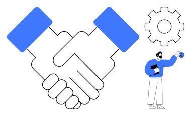 İşbirliğini vurgulayan tokalaşma, ilerlemeyi sembolize eden teçhizat, iletişim için bir belge tutan kişi. Takım çalışması için ideal, ortaklık, iş anlaşması, güven, ilerleme, iletişim basit