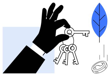 Birden fazla anahtar, düşen para ve mavi yaprak fırsatı, zenginliği, büyümeyi, güvenliği ve sürdürülebilirliği simgeliyor. Finans, yatırım ekolojisi, gayrimenkul yönetimi zenginliği için ideal