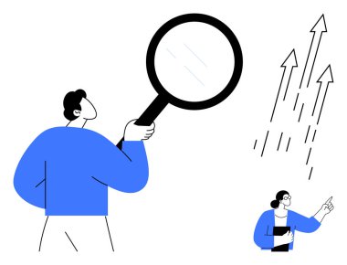 Büyüteç tutan kişi, büyümeyi gösteren oklar, yukarıya bakan daha küçük bir figür. İş stratejisi, araştırma, büyüme, takım çalışması, başarı liderlik projesi geliştirme için ideal. Temiz daire