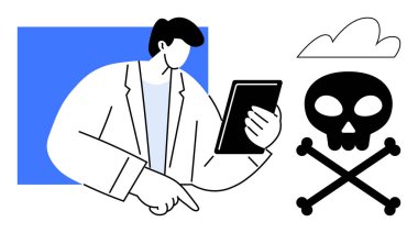 Tablet tutan ve işaret eden, zehirli ya da tehlikeli elementleri inceleyen, kafatası ve bulut ile işaretlenmiş çapraz kemikler. Bilim, araştırma, güvenlik, uyarı, risk, veri analizi için ideal