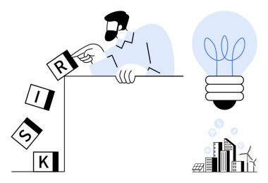 Düşen engelleri kaldıran adam riski, yeniliği sembolize eden büyük ampul, enerji ikonları olan şehir manzarası. Sorun çözme, yenilik, liderlik, risk yönetimi ve karar verme için ideal