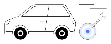 Hassas sürüş, başarı, odaklanma, otomotiv yeniliği, başarı, strateji geliştirme ve hedefe ulaşmayı temsil eden dartın yanında kompakt bir araba. Basit düz