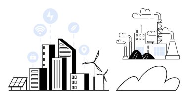Rüzgar türbinleri ve yeşil enerjiyi temsil eden güneş panelleri ile kentsel ufuk çizgisi, bağlantı simgeleri. Duman yayan fabrika endüstriyel kirliliği yansıtır. Çevre ve sürdürülebilirlik için ideal