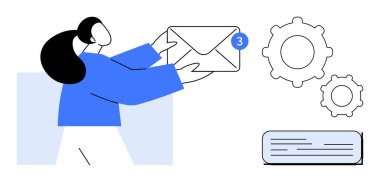 Dişliler ve metin satırıyla çevrili bir e-postayı elinde tutan bir kadın. İletişim, bilgilendirme, teknoloji, takım çalışması, organizasyon, iş akışı veri yönetimi için ideal. Basit düz