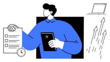 Elinde saatli bir tablet ve kontrol listesi tutan kişi. Dizüstü bilgisayar ve yukarı çıkan oklar ilerlemeyi işaret ediyor. Üretkenlik, iş akışı, hedef belirleme, planlama, zaman yönetimi, büyüme, iş fikirleri için ideal
