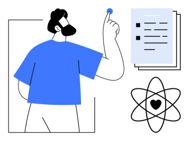 Yüzen elementi işaret eden kişi, kalp merkezli atom, yığınla belge. Eğitim, araştırma, yenilik, yaratıcılık, bilimsel düşünce, kişisel büyüme için idealdir. Basit düz metafor