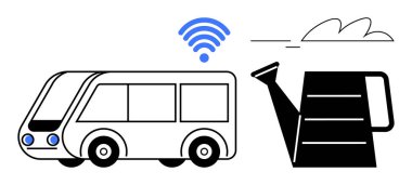 Üzerinde mavi kablosuz sinyal olan modern bir otobüs ve sulama konumu yakınlarda. Akıllı ulaşım, bağlantı, kablosuz teknoloji, hareketlilik, şehir planlama, bahçe düzenleme, basit düz metafor için ideal