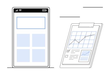 Veri analizini gösteren grafikler ve kontrol listesiyle panonun yanındaki akıllı telefon arayüzü. Teknoloji, üretkenlik, iş, verimlilik, analitik, rapor tasarımı, pazarlama için idealdir. Basit düz
