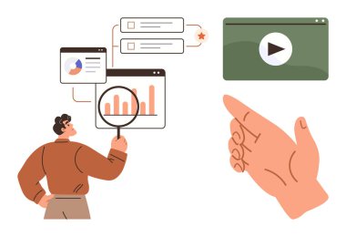 Analitik çizelgeleri büyüteçle inceleyen kişi, bağlı bilgi ve oynatma düğmesi. Veri analizi, araştırma, içgörü, öğrenim, karar verme, eğitim iletişimi için ideal basit