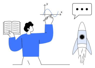 Elinde bir kitap tutarken matematiksel grafik çizen kişi, yukarı doğru roket fırlatıyor, yakınlarda konuşma balonu var. Eğitim, yenilik, yaratıcılık, analiz, bilim, araştırma için ideal
