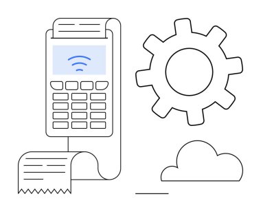 Faturası ve kablosuz sinyali olan ödeme terminali ayarları temsil eden dişli ve bağlantı için bulut. Fintech, business, otomasyon, bulut hesaplama, sistem ayarları, teknoloji için ideal